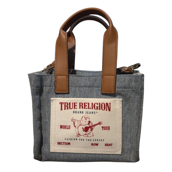 True Religion Handbags - True Religion Denim Mini Tote Bag Faux Leather Handles Logo Patch Y2K